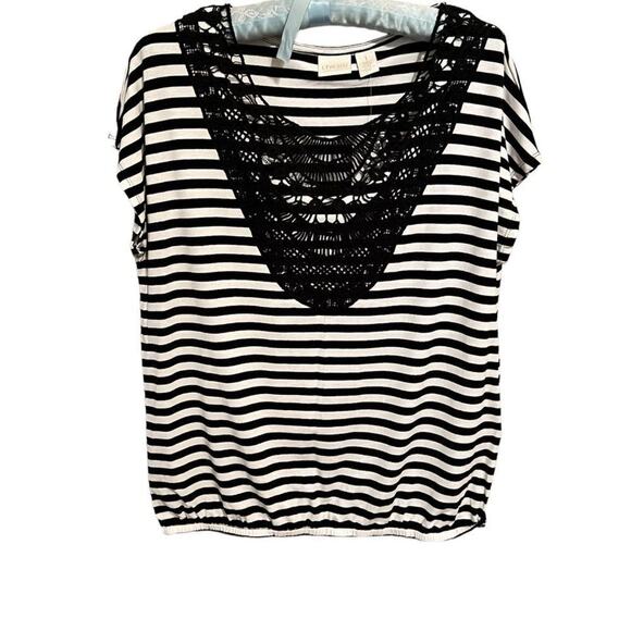 Chico's top black white striped crochet neckline short sleeve knit NEW Sz 1 US M - Picture 2 of 6